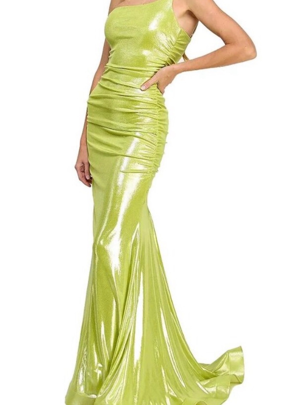 glam Shimmery Lime Green Ruched Maxi Dress